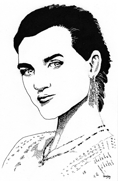 Ink portrait of a woman in jewllery