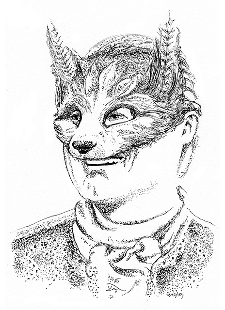 Ink portrait of a smiling man in a fox mask