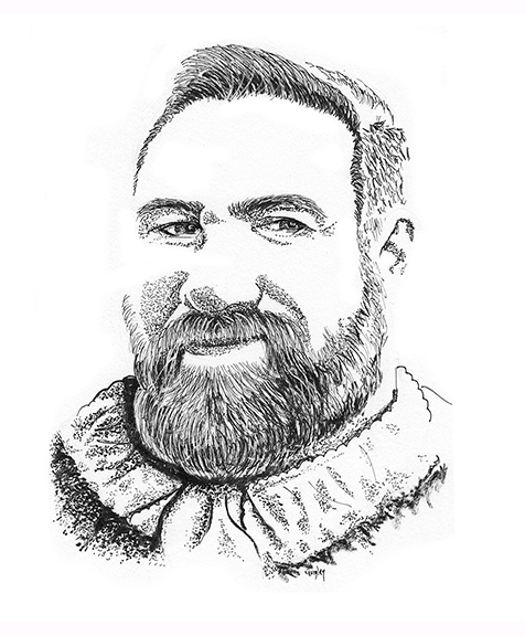 Ink portrait of handsome bearded man