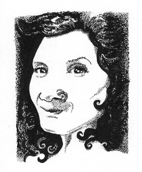 Ink portrait of woman with long hair and ring through nose