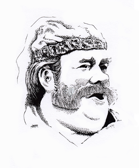 Ink portrait of handsome moustachioed man