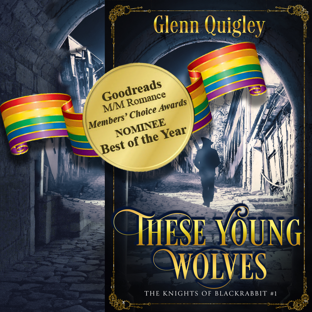 Cover for These Young Wolves by Glenn QUigley, overlaid with Goodreads Awards logo
