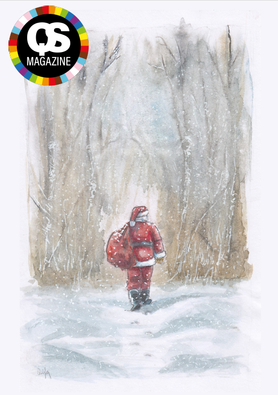 Cover art for QS Magazine issue 5 by Glenn Quigley. A watercolour painting of Santa Claus walking into a snowy forest.